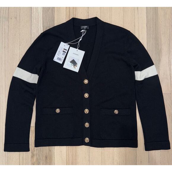Chanel 20K Black Cashmere White Gold CC Logo Long Sleeve Cardigan Sweater 38 - Picture 2 of 16